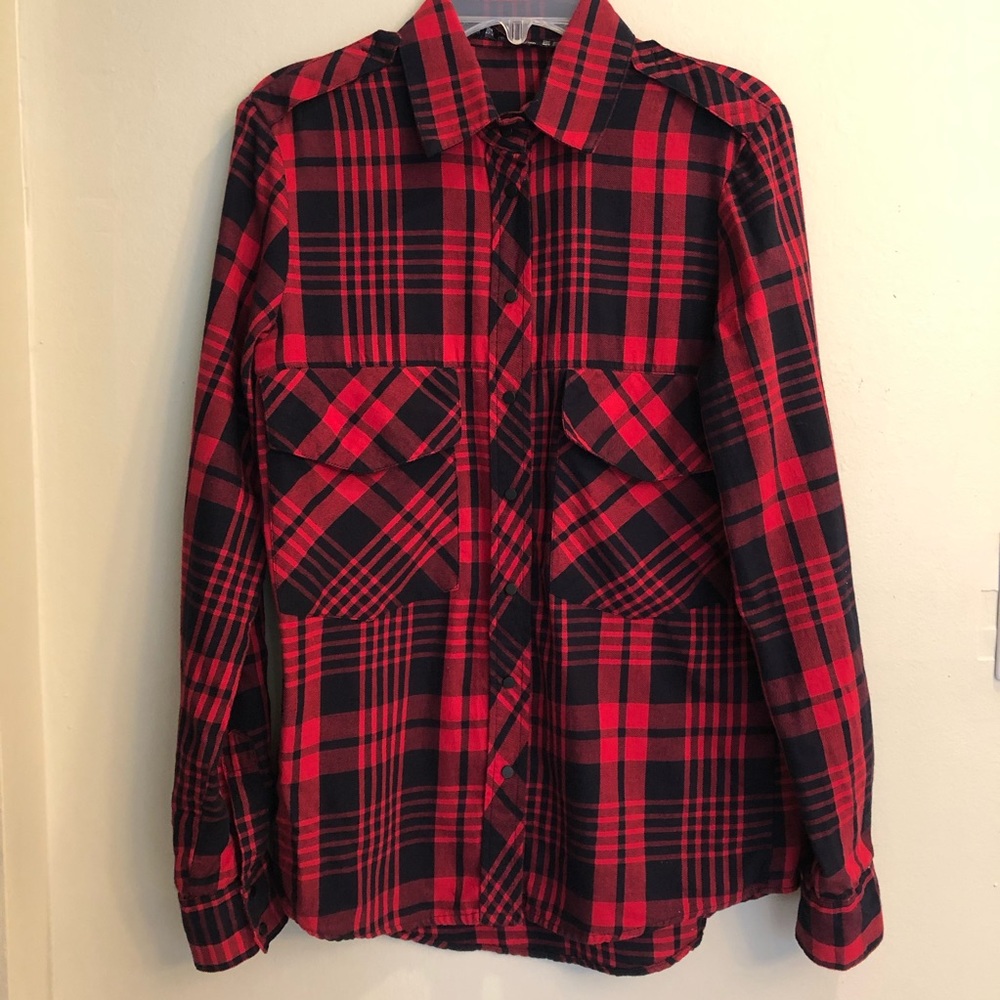Flannel shirt with roll tab sleeves